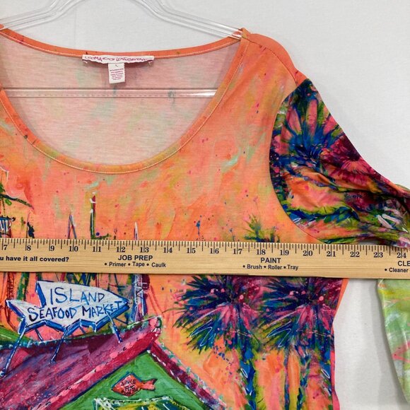 Leoma Lovegrove Large Colorful Artsy Drawing 3/4 Sleeve Stretch Casual Top - Picture 6 of 9